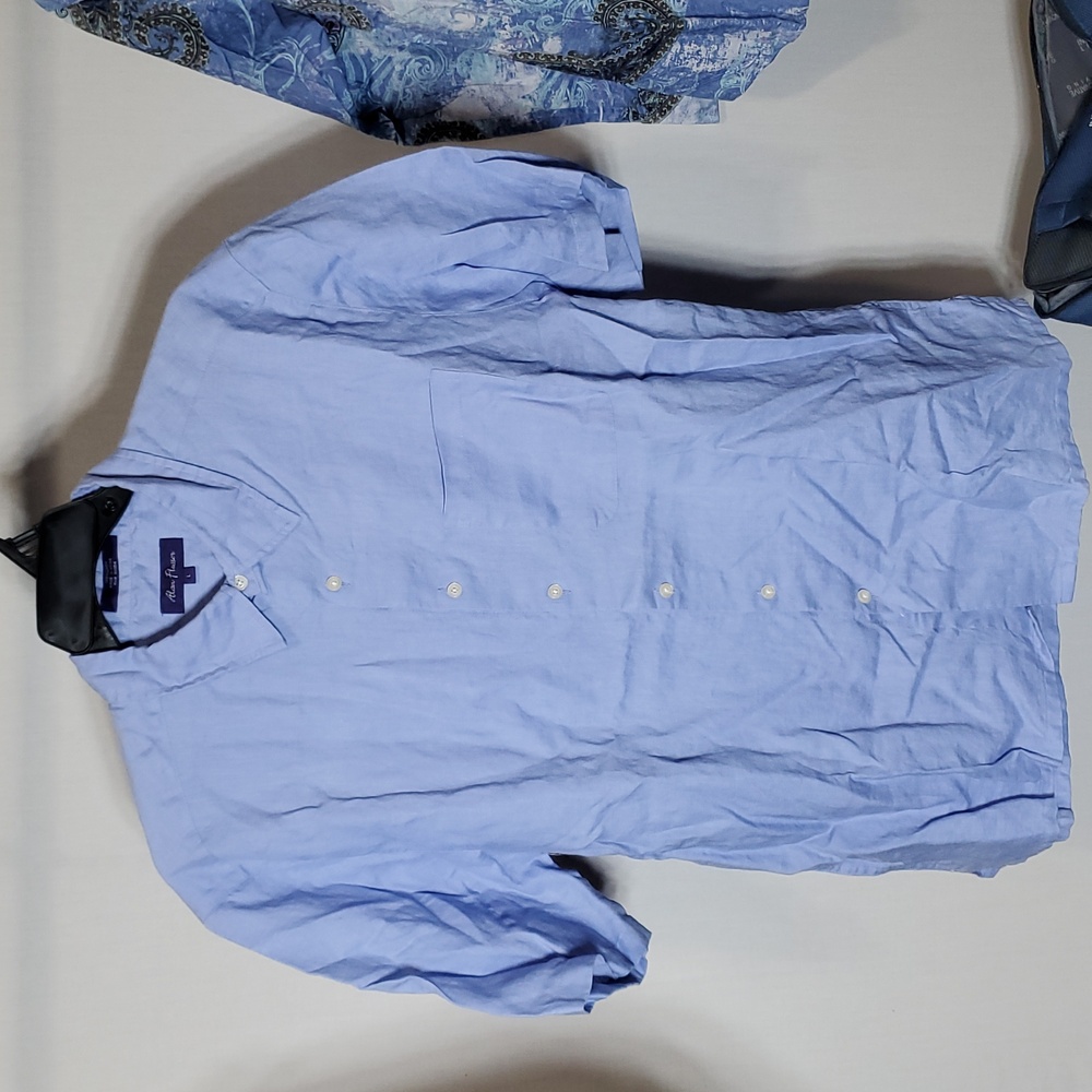 Alan Flusser Shirt Mens Size Large‎ Light Blue Short Sleeve Button Up 100% Linen